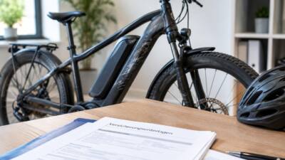Ein Elektrofahrrad und Fahrradhelm stehen hinter ausgelegten Versicherungsunterlagen auf einem Tisch.