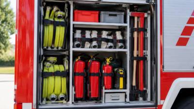 Geöffnete Seitenklappe eines Feuerwehrfahrzeugs mit Schläuchen und Ausrüstung