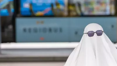 Eine Person im Geisterkostüm mit Sonnenbrille vor einer Anzeige – passend zur kostenlosen Öffi-Aktion zu Halloween in Tirol.