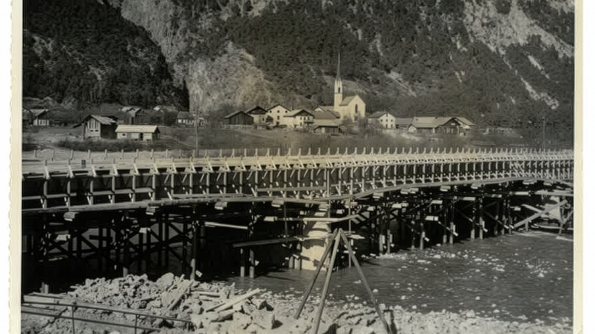 Eine hölzerne Brücke führt über einen Fluss; dahinter liegen Häuser am Fuß eines Berges.