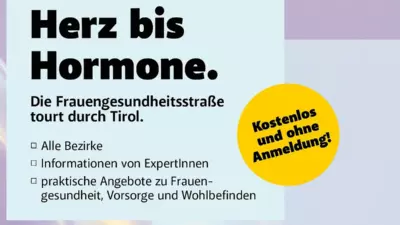 Ein Plakat kündigt die Frauengesundheitsstraße mit kostenlosen Angeboten zur Frauengesundheit in Tirol an.