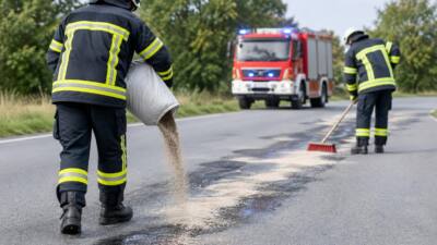 Feuerwehr bindet Öl nach Austritt aus einem Fahrzeug