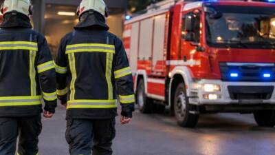 Feuerwehrleute in Schutzkleidung stehen neben einem roten Feuerwehrfahrzeug mit eingeschaltetem Blaulicht.