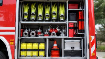 Geöffneter Geräteraum eines Feuerwehrfahrzeugs mit Schläuchen, Armaturen und Einsatzmaterial.