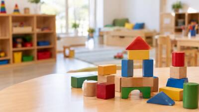 Bunte Holzbausteine auf einem Tisch in einem hellen, mit Spielmaterial ausgestatteten Gruppenraum