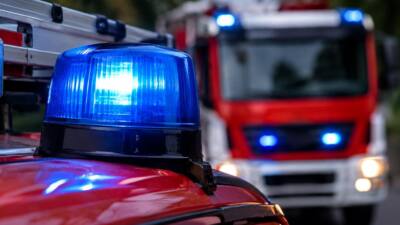 Blaues Warnlicht auf einem Feuerwehrfahrzeug, dahinter unscharf ein rotes Löschfahrzeug.