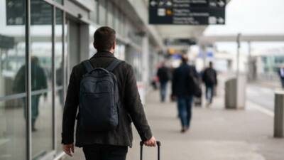 KI-generiertes Bild: Ein Mann mit Rucksack zieht einen Rollkoffer durch einen Terminalbereich.