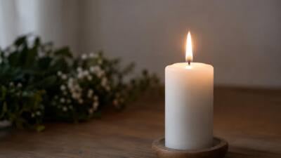 Brennende weiße Kerze in einem Holzhalter neben unscharfen Blumen.