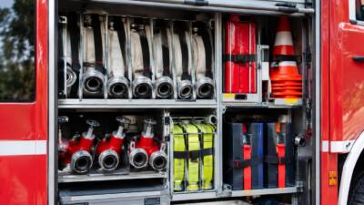 Offene Gerätekammer eines Feuerwehrfahrzeugs mit Schläuchen, Armaturen und Warnkegeln