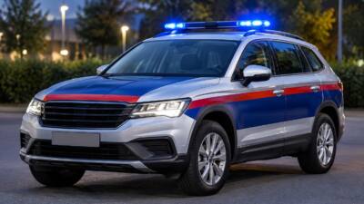 KI-Symbolbild eines Polizeiautos mit eingeschaltetem Blaulicht auf einer Straße