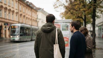 KI-generiertes Bild: Menschen stehen vor einer Informationstafel; daneben ist eine Straßenbahn zu sehen.