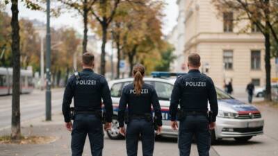 KI-generiertes Bild: Polizeikräfte stehen auf einer Straße vor einem Polizeiauto.