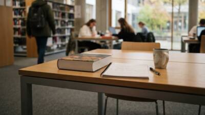 KI-generiertes Bild: Ein Buch, ein Heft und eine Tasse stehen auf einem Tisch in einer Bibliothek.