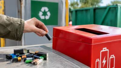Eine Hand hält eine Batterie über einen roten Sammelbehälter; weitere Batterien liegen daneben.
