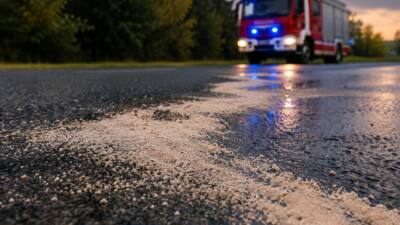 Zwei Feuerwehren binden Ölspur auf der B64 in Wollsdorf